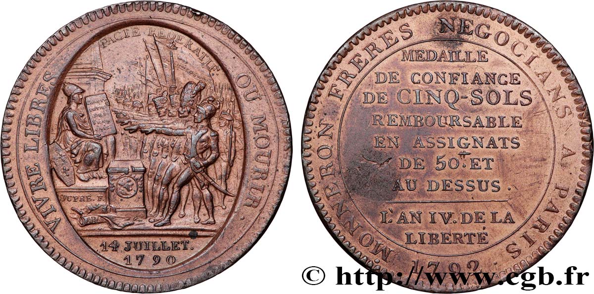 REVOLUTION COINAGE Monneron de 5 sols au serment (An IV), 3e type 1792 Birmingham, Soho fVZ