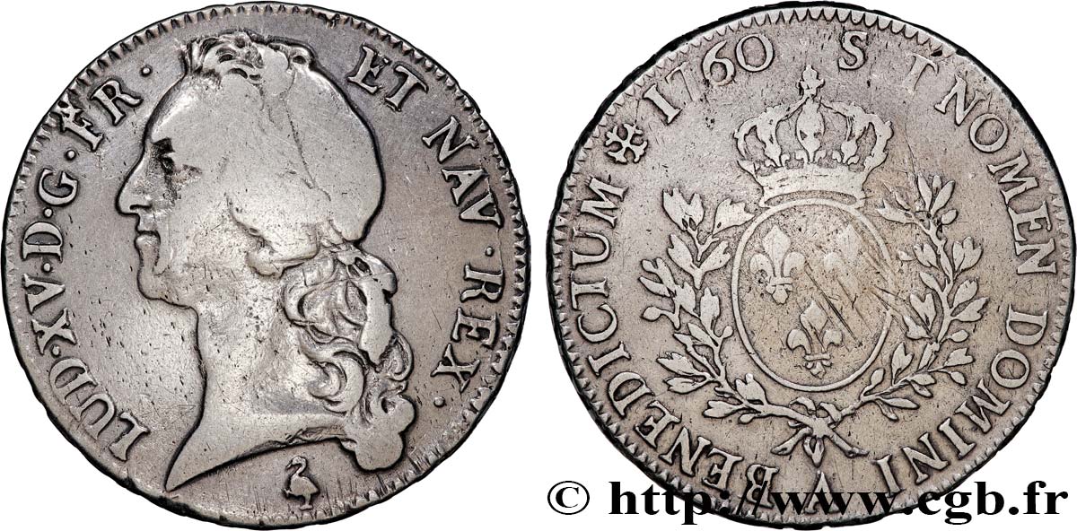 LOUIS XV DIT LE BIEN AIMÉ Écu aux branches d’olivier, tête ceinte d’un bandeau 1760 Paris TB+