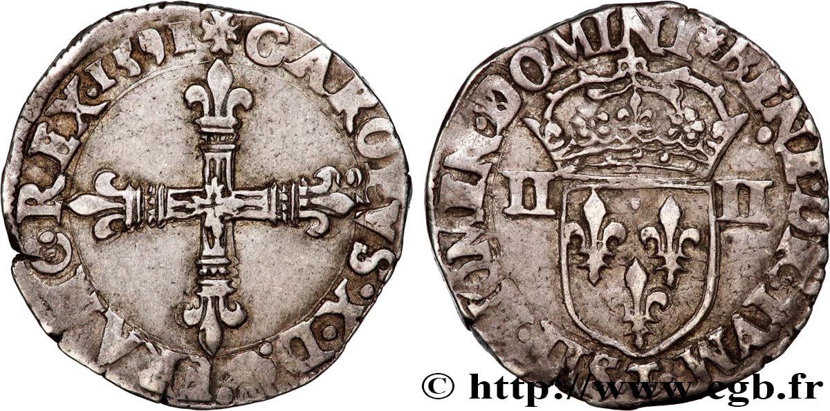 CHARLES X, CARDINAL OF BOURBON Quart d écu, croix de face 1591 Nantes VF