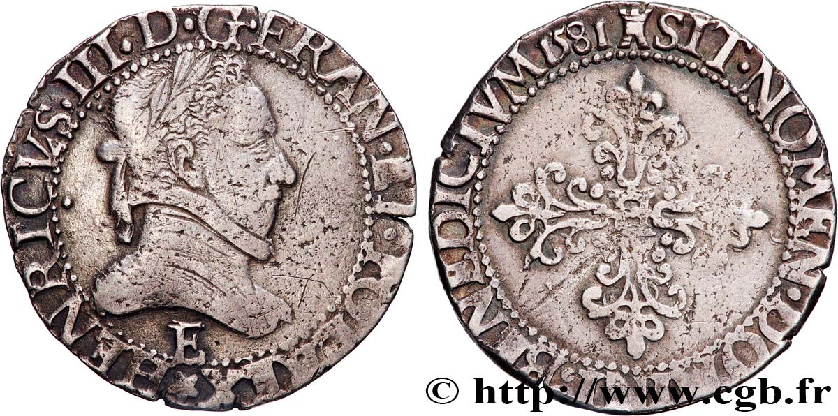 HENRY III Demi-franc au col plat 1581 Tours MBC/BC+