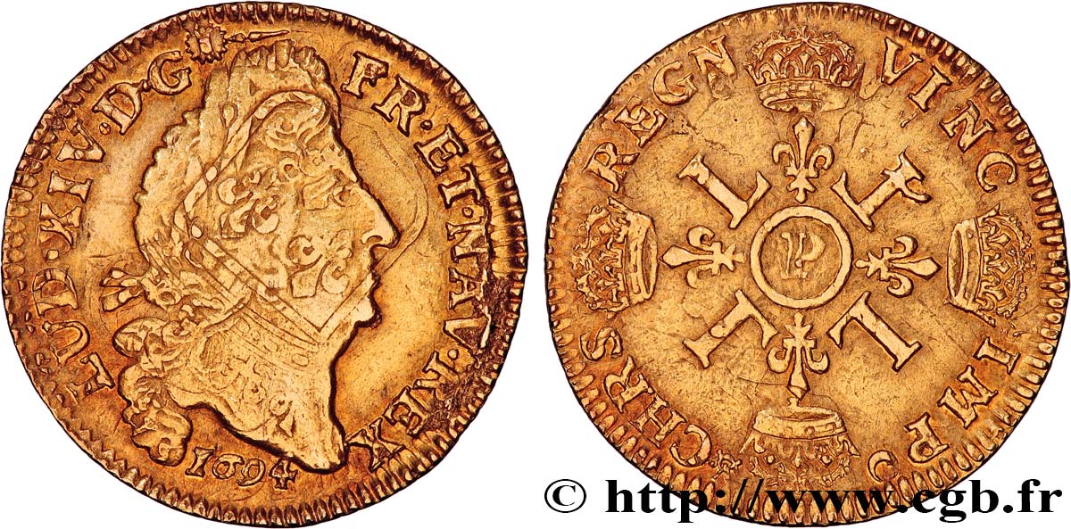 LOUIS XIV  THE SUN KING  Louis d or aux quatre L 1694 Dijon AU