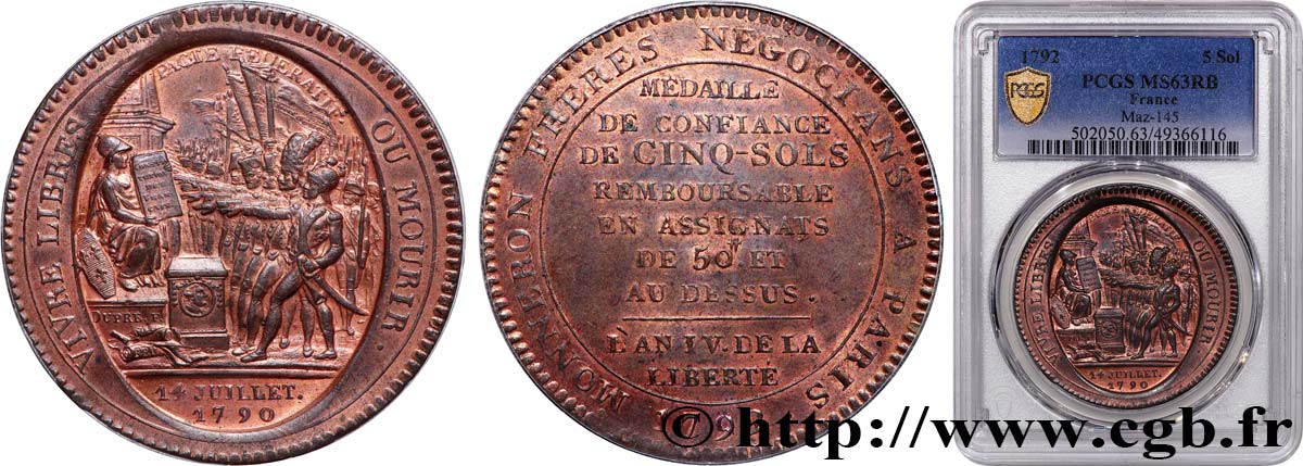 REVOLUTION COINAGE Monneron de 5 sols au serment (An IV), 3e type 1792 Birmingham, Soho fST63