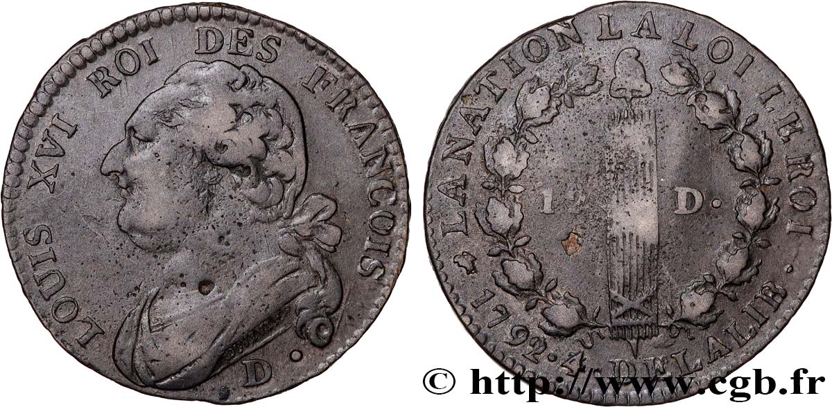 LOUIS XVI 12 deniers dit  au faisceau , type FRANCOIS 1792 Dijon VF