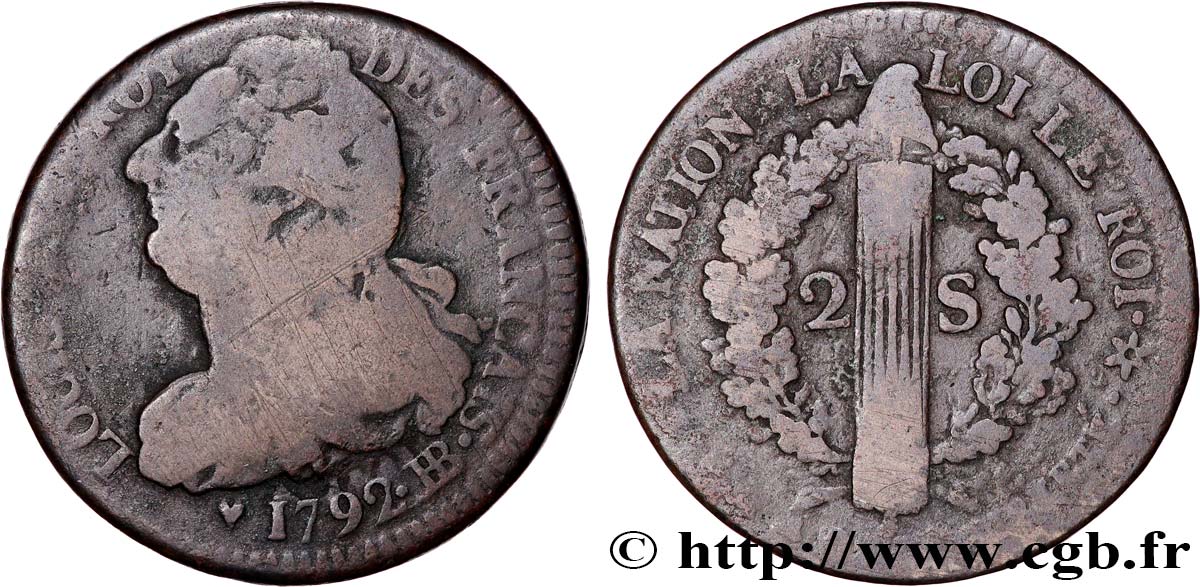 LOUIS XVI 2 sols dit  au faisceau , type FRANÇAIS 1792 Strasbourg S