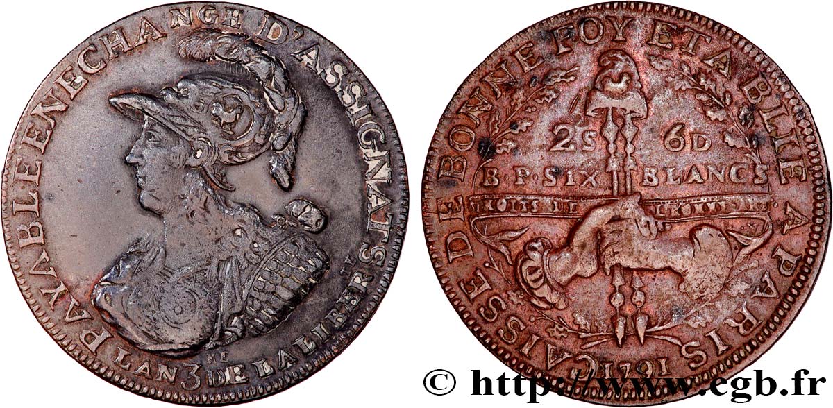 REVOLUTION COINAGE Six blancs de Montagny 1791  BB