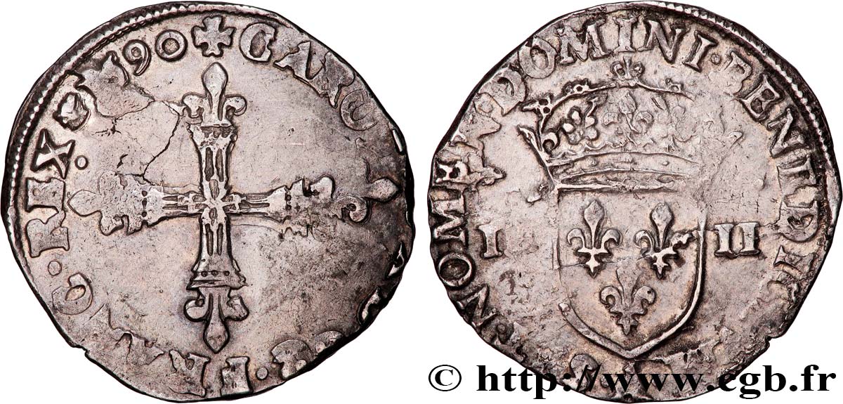 CHARLES X, CARDINAL OF BOURBON Quart d écu, croix de face 1590 Paris fSS