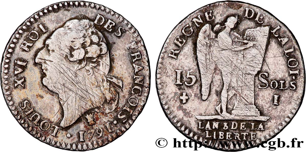 LOUIS XVI (MONARQUE CONSTITUTIONNEL)  15 sols dit  au génie , type FRANCOIS 1791 Limoges TB+