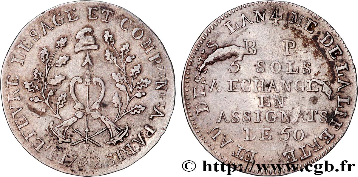 REVOLUTION COINAGE 5 sols de Lefèvre Lesage et Cie 1792 Paris AU