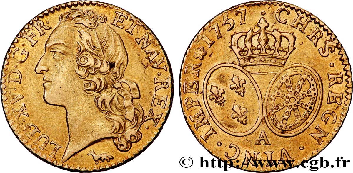 LOUIS XV THE BELOVED Louis d’or aux écus ovales, tête ceinte d’un bandeau 1757 Paris AU