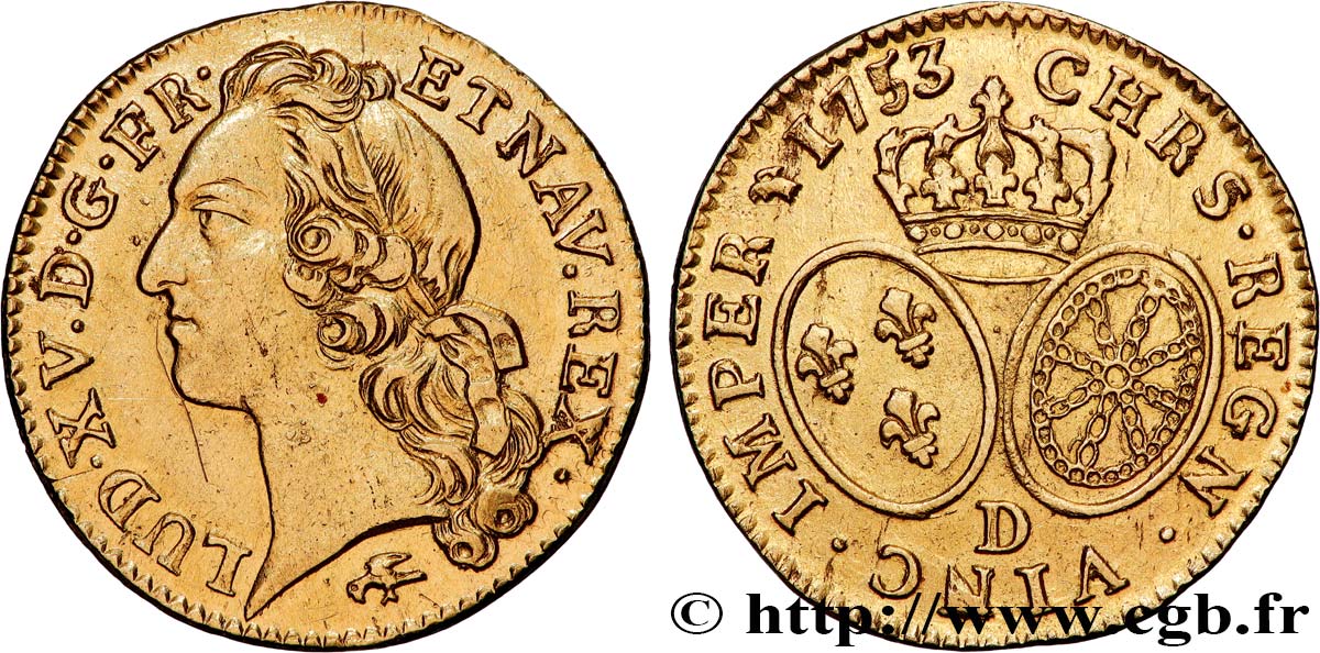 LOUIS XV  THE WELL-BELOVED  Louis d’or aux écus ovales, tête ceinte d’un bandeau 1753 Lyon MBC+