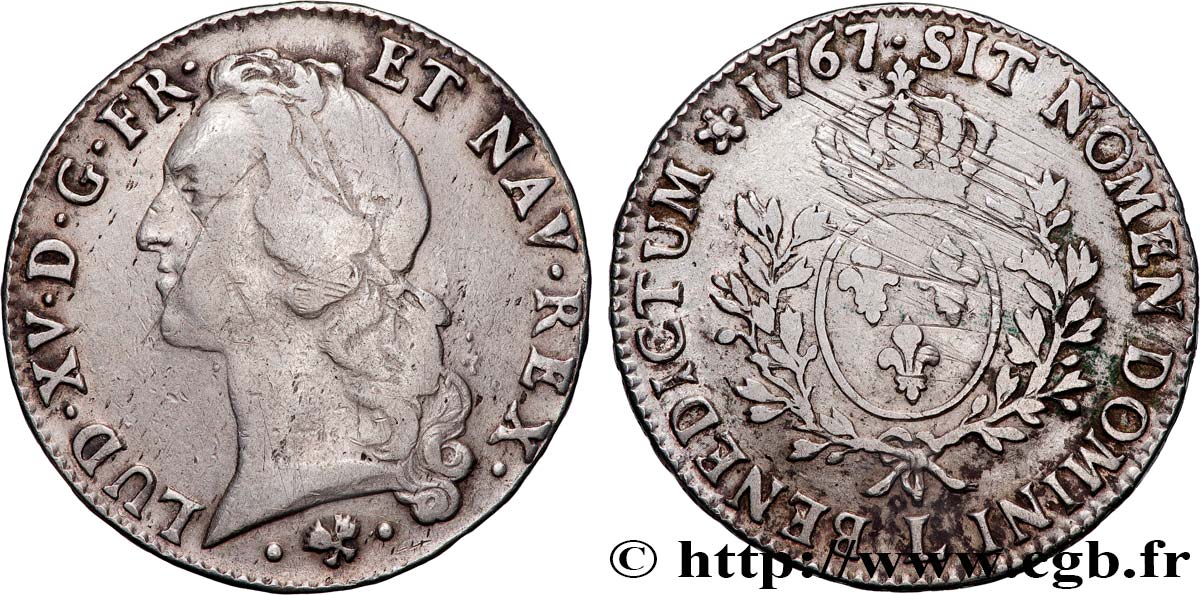LOUIS XV DIT LE BIEN AIMÉ Écu aux branches d’olivier, tête ceinte d’un bandeau 1767 Bayonne TB+