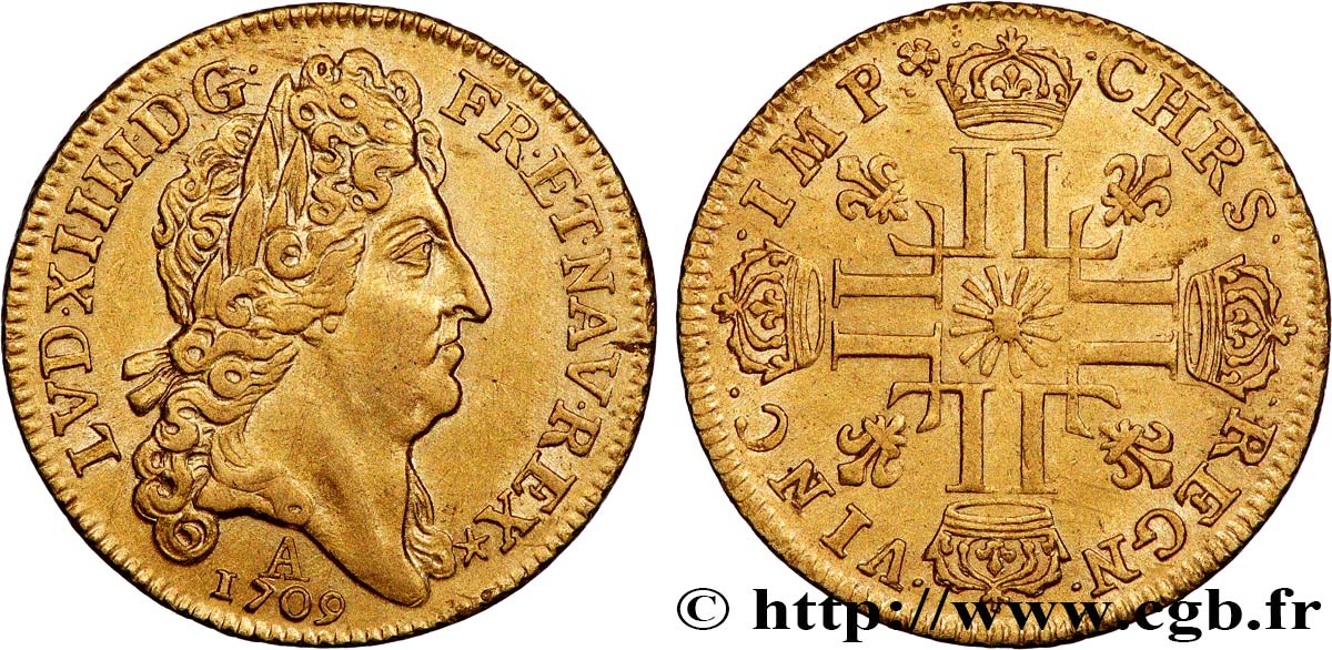 LOUIS XIV  THE SUN KING  Louis d or au soleil 1709 Paris VZ