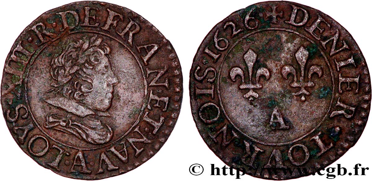 LOUIS XIII Denier tournois, type 3 de Paris 1626 Paris AU/XF