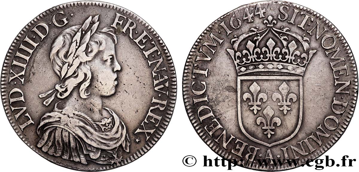 LOUIS XIV  THE SUN KING  Écu, portrait à la mèche courte 1644 Paris, Monnaie du Louvre VF/XF