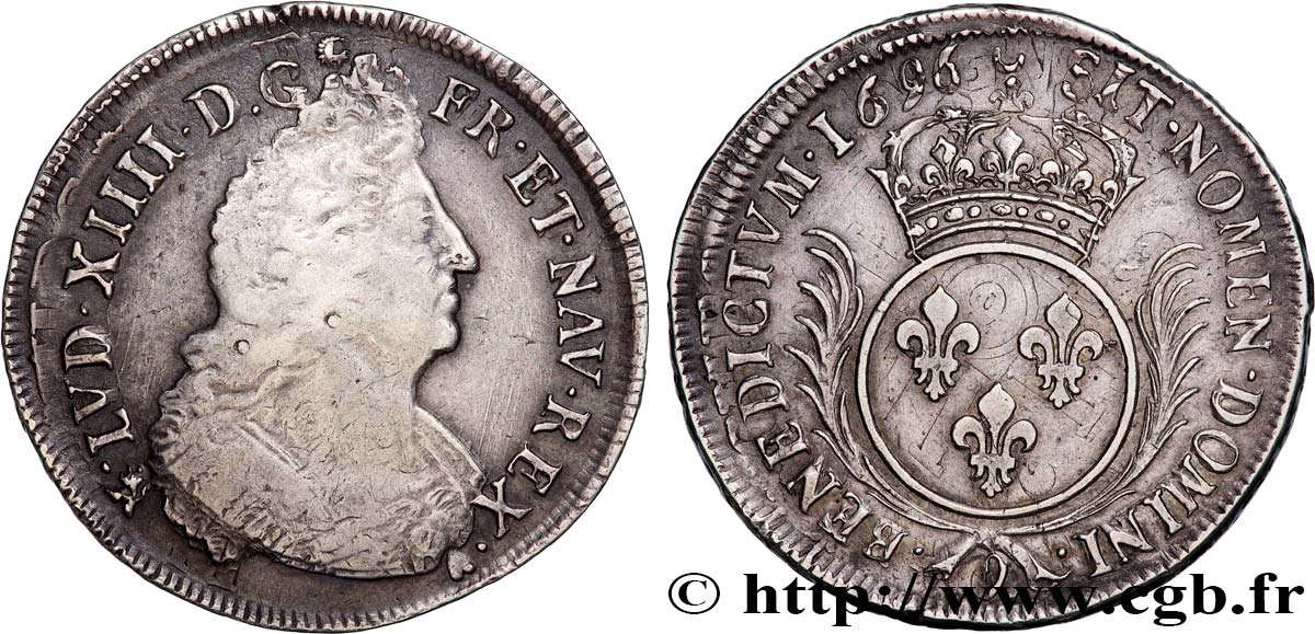 LOUIS XIV LE GRAND OU LE ROI SOLEIL Écu aux palmes 1696 Rennes TB+/TTB