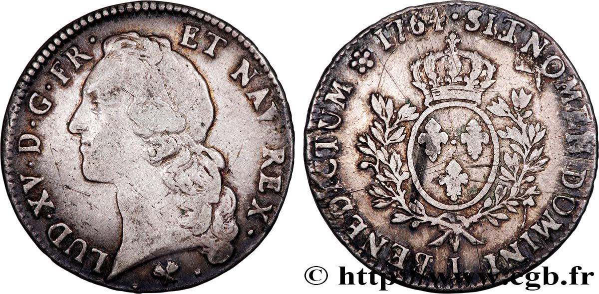 LOUIS XV  THE WELL-BELOVED  Écu aux branches d’olivier, tête ceinte d’un bandeau 1764 Bayonne BC+