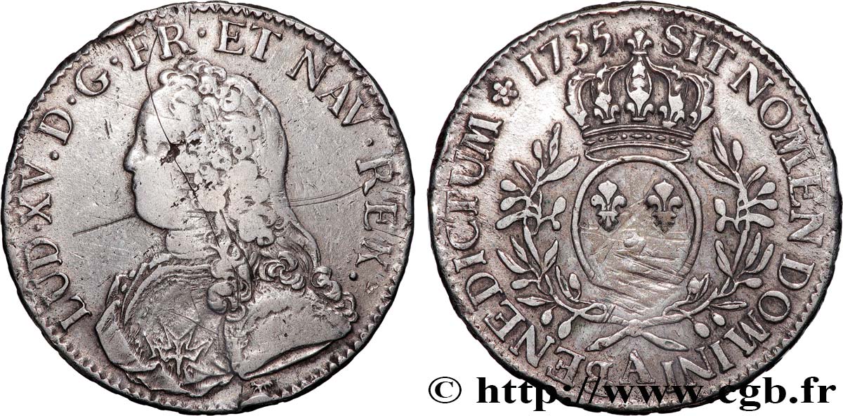 LOUIS XV  THE WELL-BELOVED  Écu aux branches d olivier, buste habillé 1735 Paris VF/XF