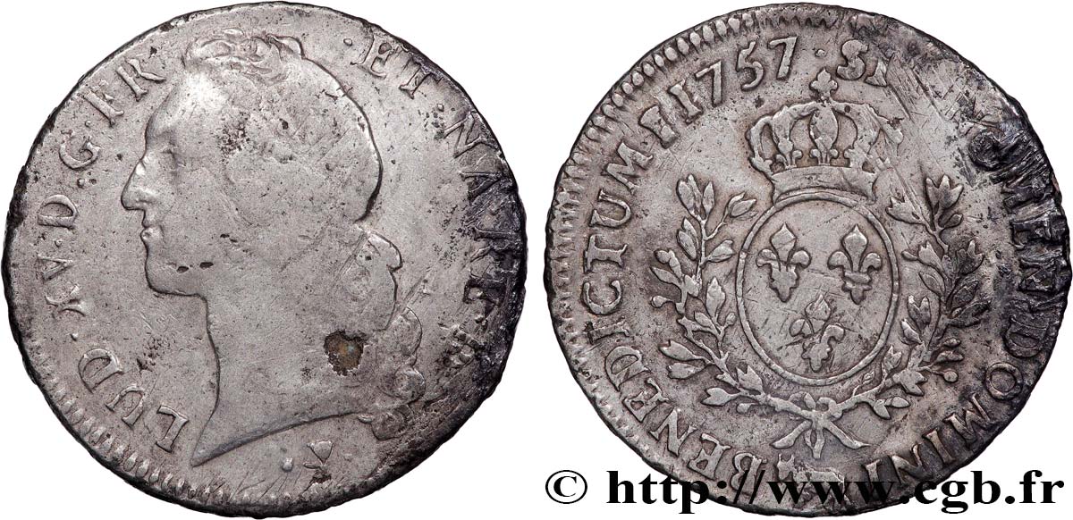 LOUIS XV THE BELOVED Écu aux branches d’olivier, tête ceinte d’un bandeau 1757 Pau VF/VF