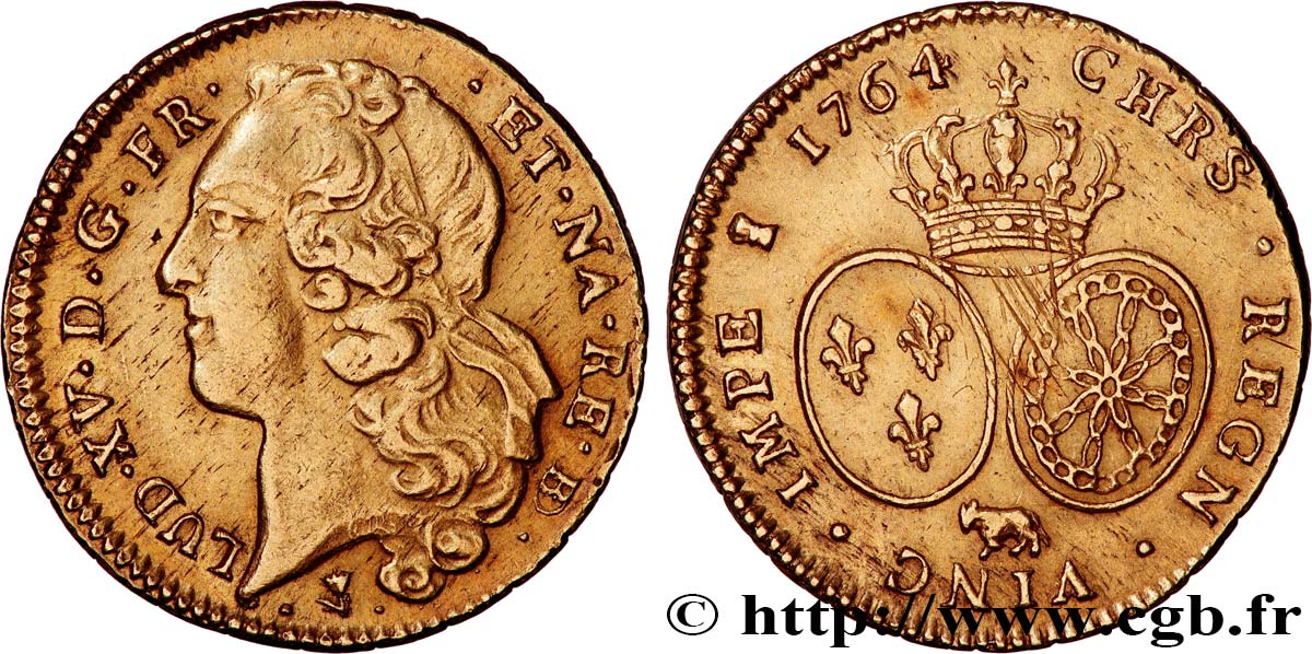 LOUIS XV DIT LE BIEN AIMÉ Double louis d’or aux écus ovales, tête ceinte d’un bandeau 1764 Pau TTB/TTB+