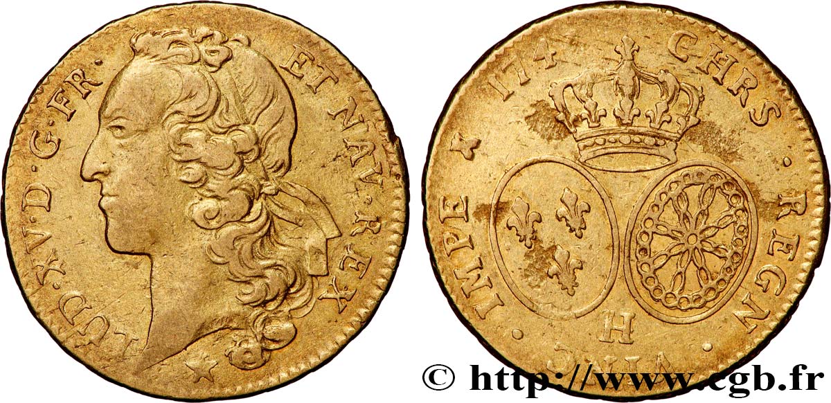 LOUIS XV DIT LE BIEN AIMÉ Double louis d’or aux écus ovales, tête ceinte d’un bandeau 1744 La Rochelle TB+