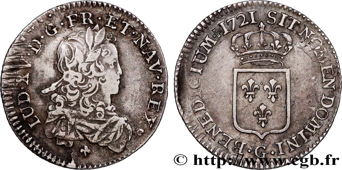 LOUIS XV  THE WELL-BELOVED  Sixième d écu de France 1721 Poitiers VF/XF