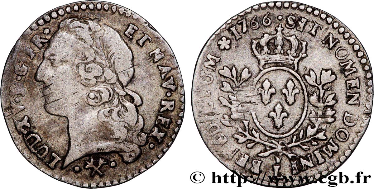 LOUIS XV THE BELOVED Vingtième d écu aux branches d’olivier, tête ceinte d’un bandeau 1766 Bayonne VF/VF