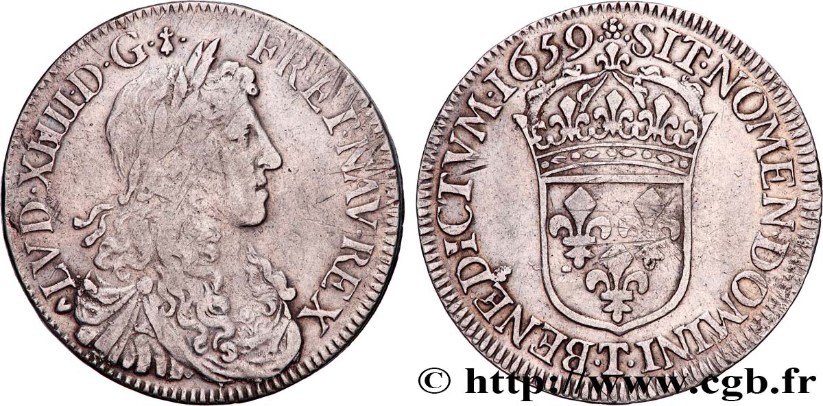 LOUIS XIV  THE SUN KING  Demi-écu, portrait apollinien 1659 Nantes BC+/MBC