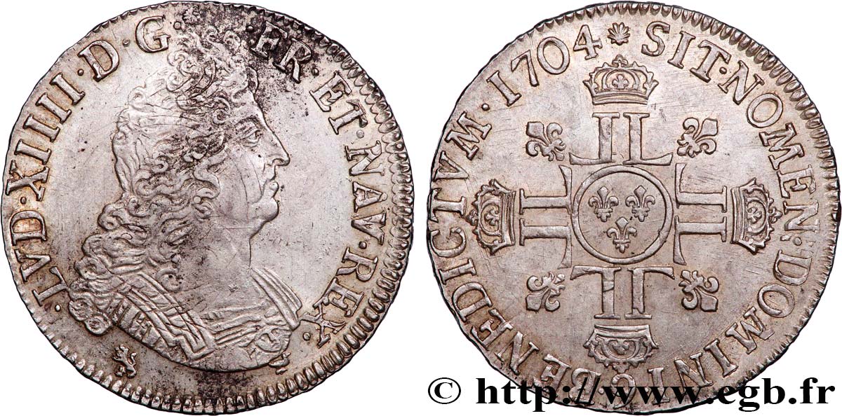 LOUIS XIV  THE SUN KING  Écu aux huit L, 2e type 1704 Rennes MBC+/EBC