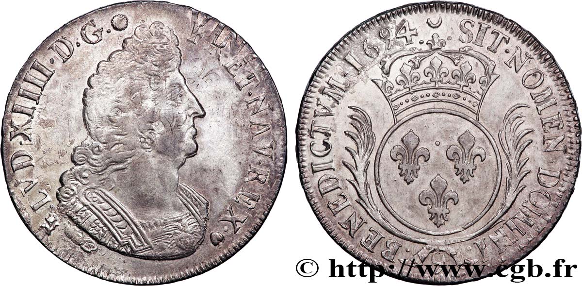 LOUIS XIV  THE SUN KING  Écu aux palmes 1694 Rennes MBC+/EBC