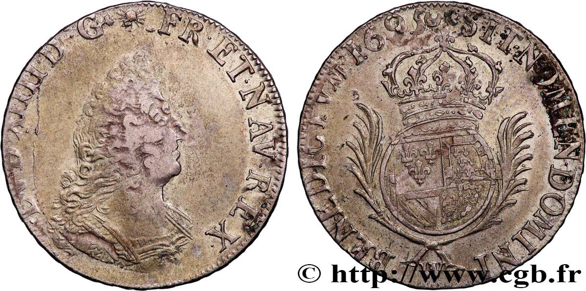 LOUIS XIV  THE SUN KING  Demi-écu de Flandre aux palmes 1695 Lille VF/AU