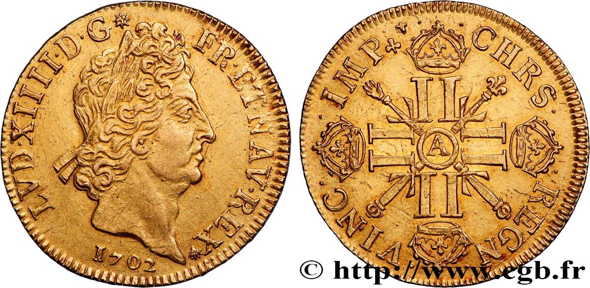 LOUIS XIV  THE SUN KING  Double louis d or aux huit L et aux insignes 1702 Paris AU