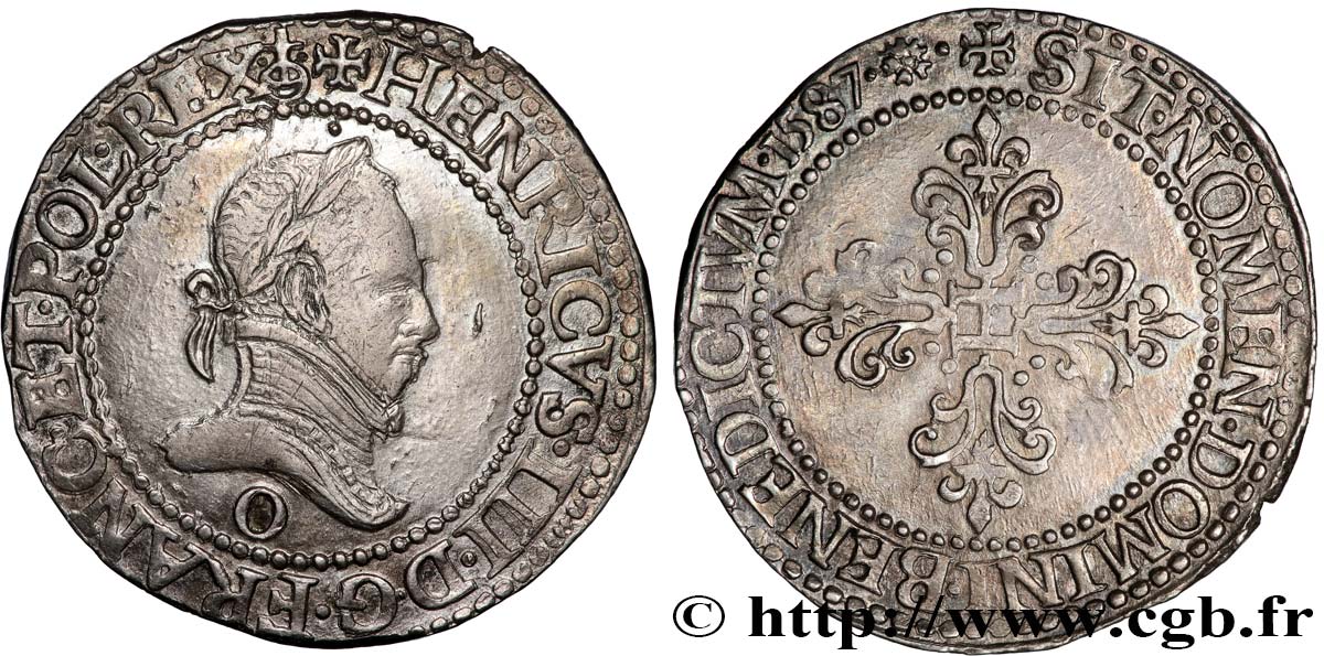 HENRI III Demi-franc au col plat 1587 Riom SUP