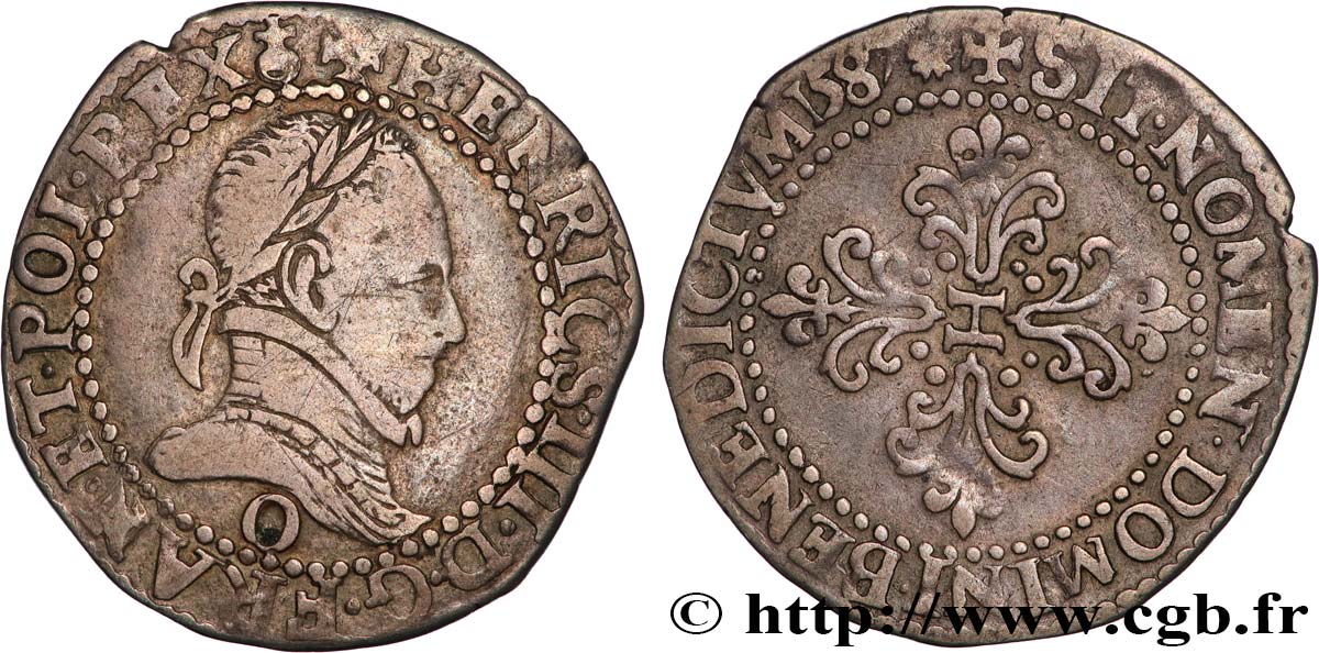 HENRY III Quart de franc au col plat 1587 Riom MBC