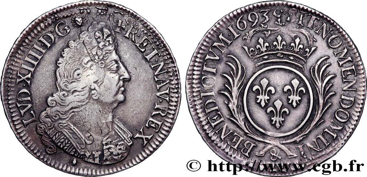 LOUIS XIV  THE SUN KING  Demi-écu aux palmes 1693 Aix-en-Provence fVZ