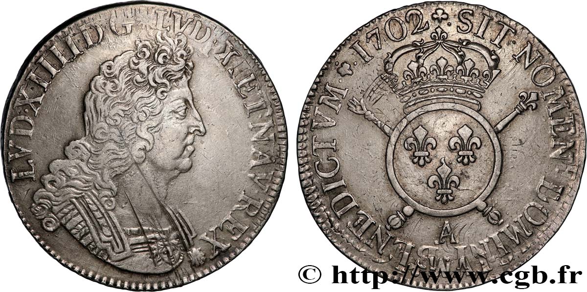 LOUIS XIV LE GRAND OU LE ROI SOLEIL Écu aux insignes 1702 Paris TTB+/SUP