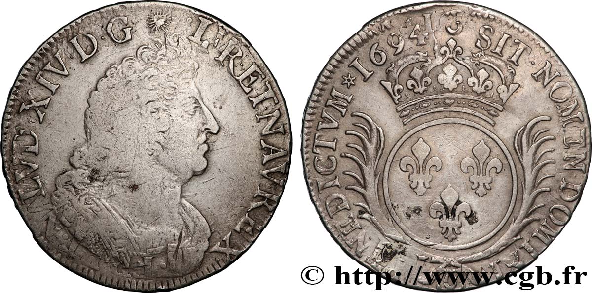 LOUIS XIV LE GRAND OU LE ROI SOLEIL Écu aux palmes 1694 Besançon TB+/TTB