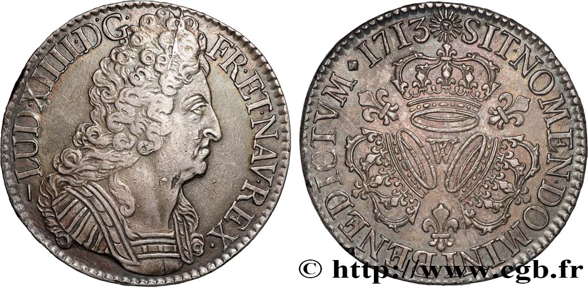 LOUIS XIV  THE SUN KING  Écu aux trois couronnes 1713 Lille VZ