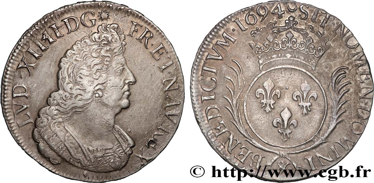 LOUIS XIV  THE SUN KING  Écu aux palmes 1694 Aix-en-Provence XF