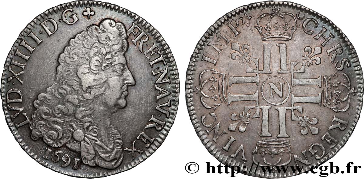 LOUIS XIV  THE SUN KING  Écu aux huit L, 1er type 1691 Montpellier MBC+