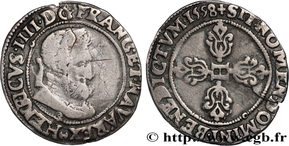 HENRY IV Demi-franc, type de Rennes (effigie locale) 1598 Rennes BC+