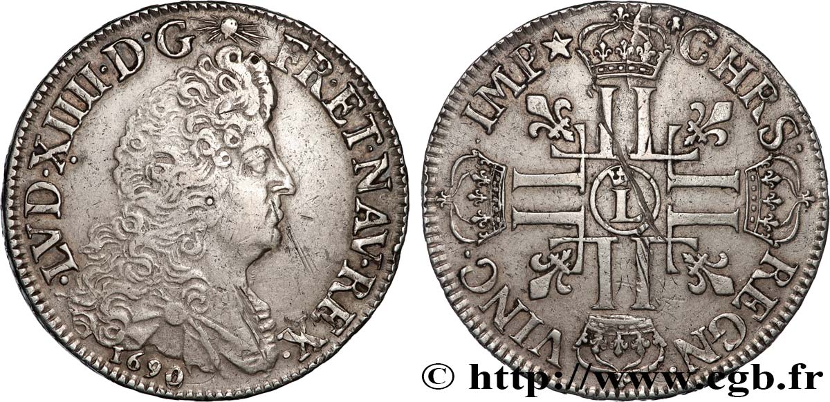 LOUIS XIV  THE SUN KING  Écu aux huit L, 1er type 1690 Lille BC+/MBC