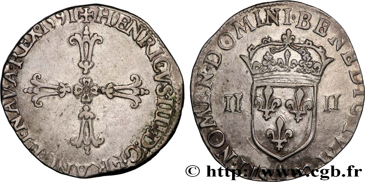 HENRY IV Quart d écu, croix feuillue de face 1591 Compiègne XF/AU