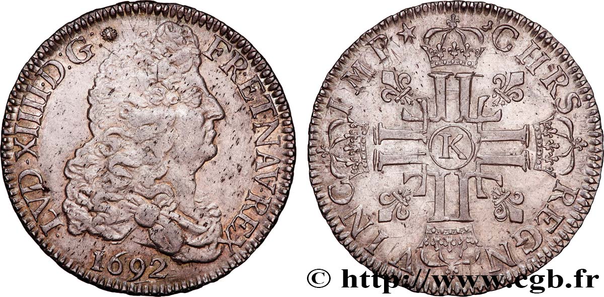 LOUIS XIV LE GRAND OU LE ROI SOLEIL Écu aux huit L, 1er type 1692 Bordeaux TB+/TTB