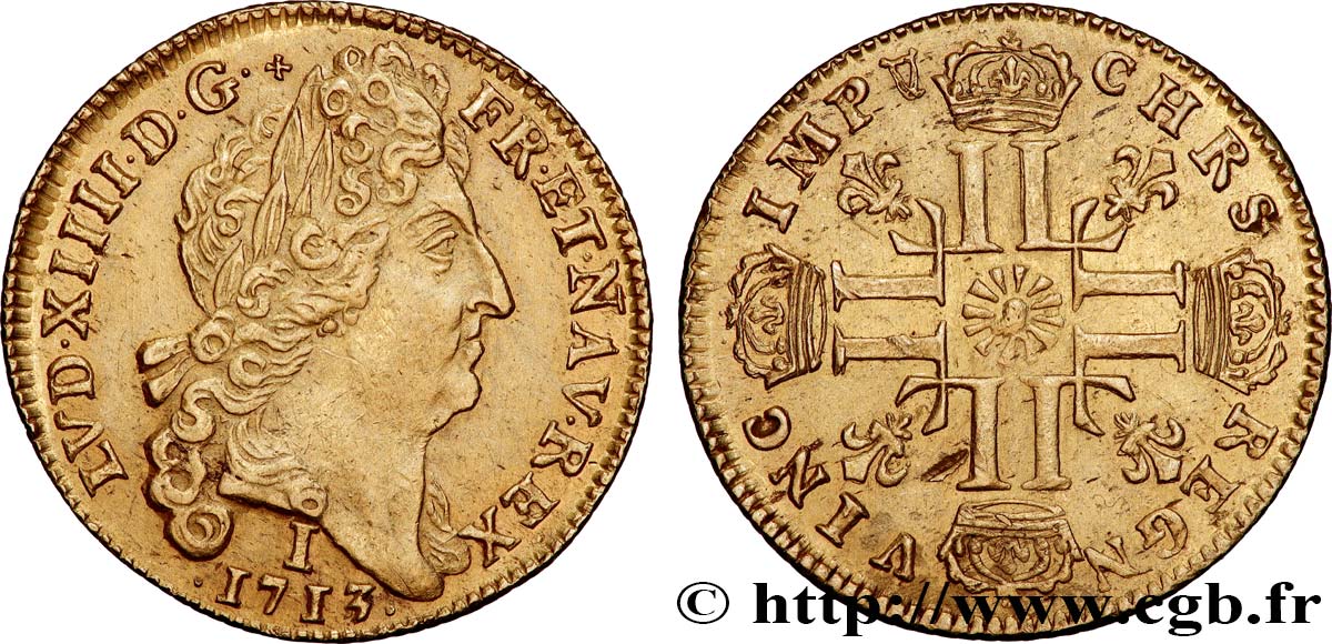 LOUIS XIV  THE SUN KING  Louis d or au soleil 1713 Limoges EBC/MBC+