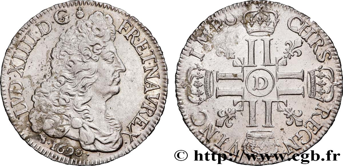 LOUIS XIV LE GRAND OU LE ROI SOLEIL Écu aux huit L, 1er type 1690 Lyon SUP