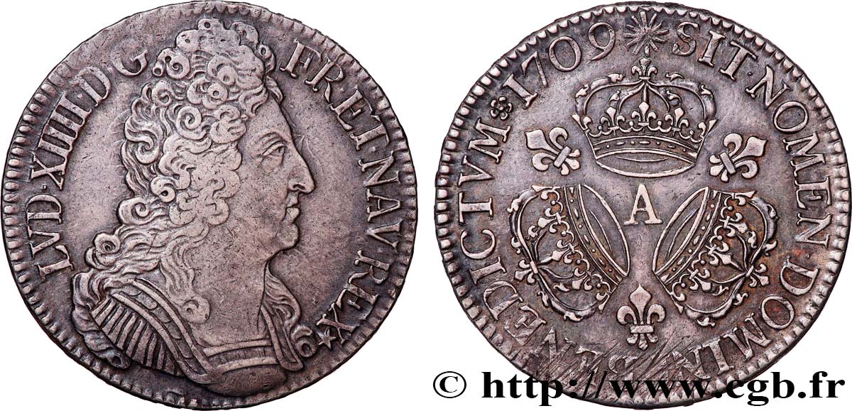 LOUIS XIV LE GRAND OU LE ROI SOLEIL Écu aux trois couronnes 1709 Paris TTB/TTB+