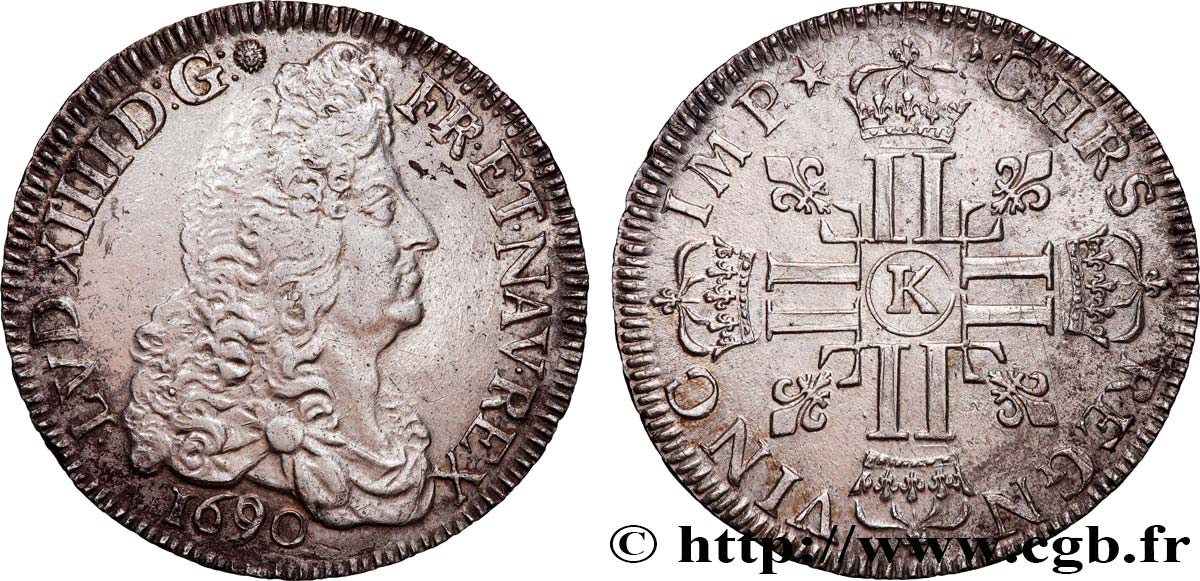 LOUIS XIV  THE SUN KING  Écu aux huit L, 1er type 1690 Bordeaux AU/AU