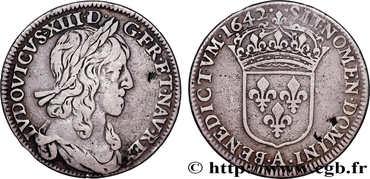 LOUIS XIII Quart d écu, buste drapé (1er buste de Jean Warin) 1642 Paris, Monnaie du Louvre VF