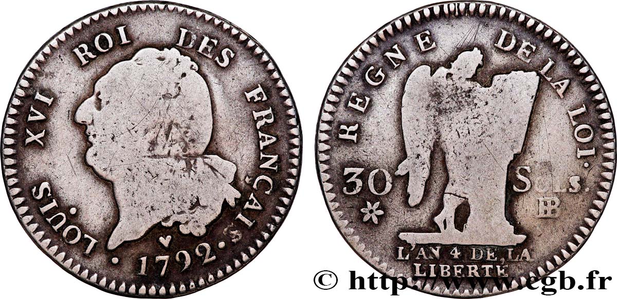 LOUIS XVI 30 sols dit  au génie , type FRANÇAIS 1792 Strasbourg BC+