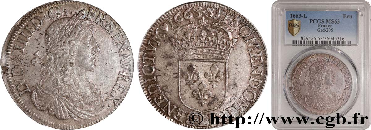 LOUIS XIV &nbsp;THE SUN KING&nbsp; Écu, portrait apollinien 1663 Bayonne MS63